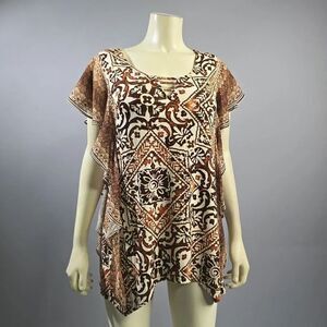 ONE WORLD Brown and Tan Cap Sleeve Boxy Tunic R15